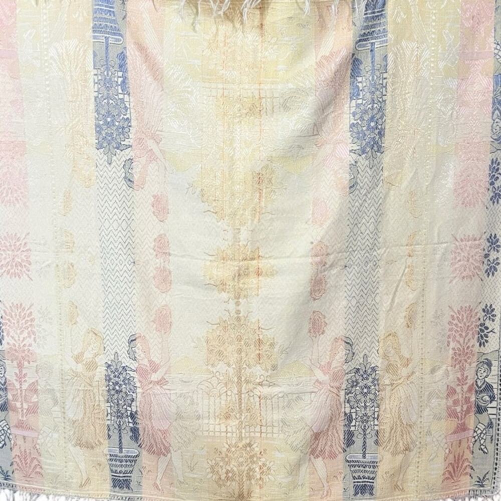 Vintage Victorian Silk Tapestry Yellow Pink Blue Musicians 47" X 44" with Fringe